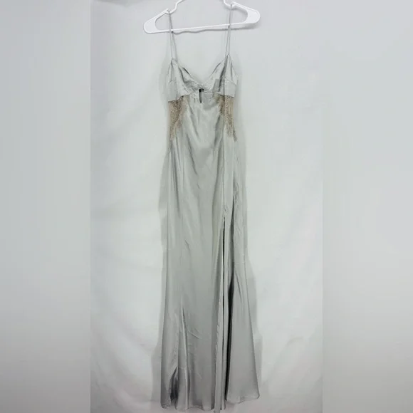 ASOS Design Silver Satin Maxi Dress Lace Back Cutout Slit Size Small 4 - Picture 5 of 10